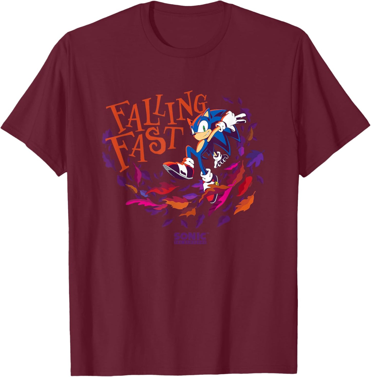 Sonic The Hedgehog Falling Fast Leaves in Autumn Logo T-Shirt - T-Shirt | Maroon