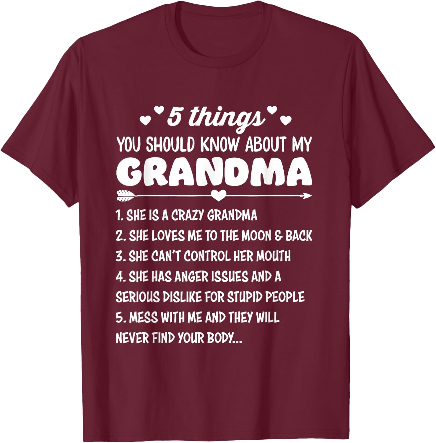 5 Things You Should Know About My Grandma | Funny Grandma T-Shirt - T-Shirt | Maroon