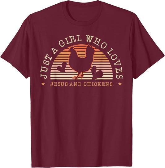 Just A Girl Who Loves Jesus And Chickens Herd Livestock Farm T-Shirt - T-Shirt | Maroon
