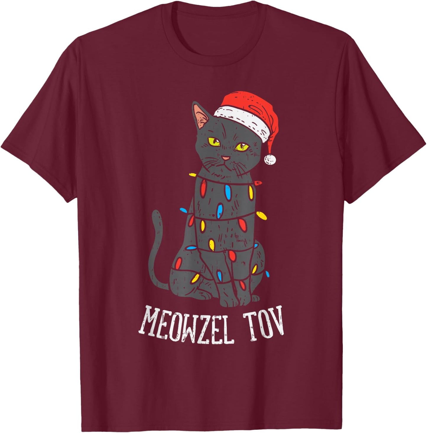 Meowzel Tov Hanukkah Black Cat Christmas Lights Pet Gift T-Shirt - T-Shirt | Maroon