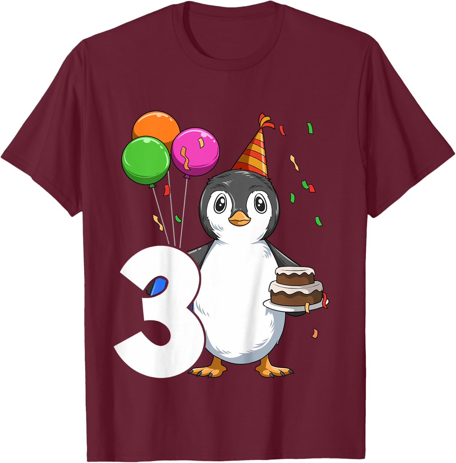 Penguin Birthday 3 Penguin 3rd Birthday Outfit Penguin Party T-Shirt - T-Shirt | Maroon