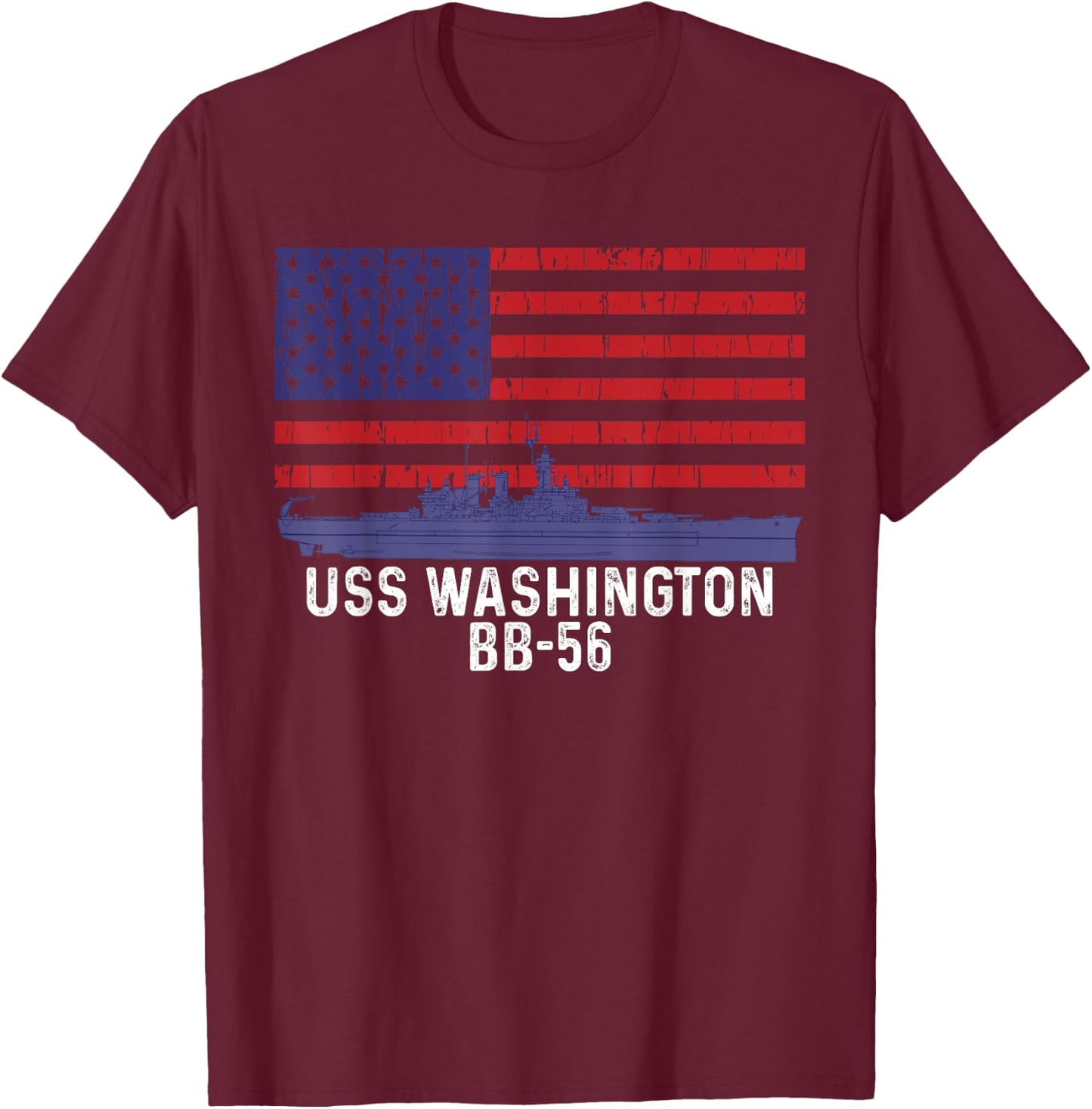 USS Washington BB-56 Battleship Vintage American Flag T-Shirt - T-Shirt | Maroon