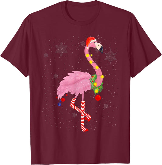 Cute Pink Flamingo with Snow, Lights and Santa Hat Christmas T-Shirt - T-Shirt | Maroon