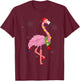 Cute Pink Flamingo with Snow, Lights and Santa Hat Christmas T-Shirt - T-Shirt | Maroon