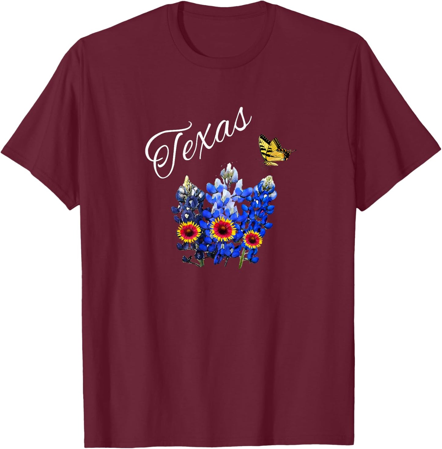 Texas Wildflower Butterfly Home State Bluebonnet Gift Design T-Shirt - T-Shirt | Maroon