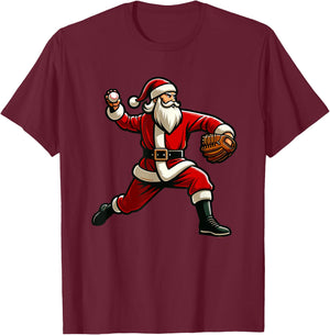 Christmas Santa Claus Baseball Pitcher Boys Teens Xmas T-Shirt - T-Shirt | Maroon