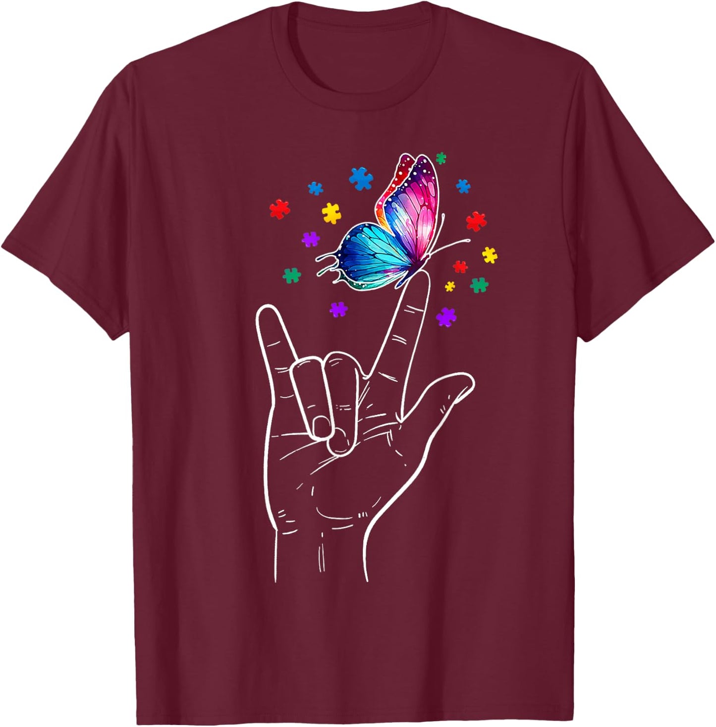 I Love You Hand Sign Language Butterfly Autism Awareness T-Shirt - T-Shirt | Maroon