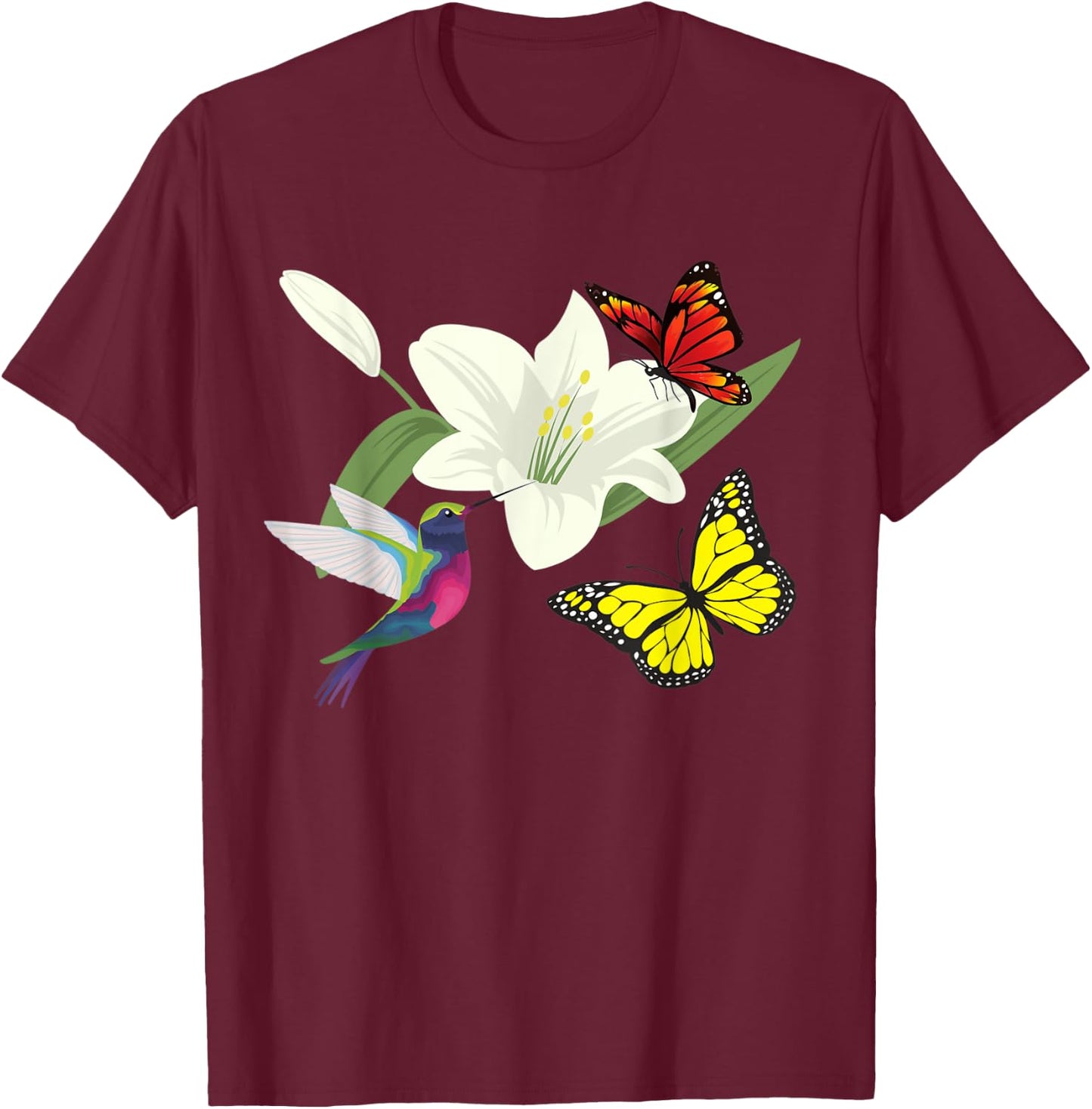 Hummingbird and butterflies in a flower T-Shirt - T-Shirt | Maroon