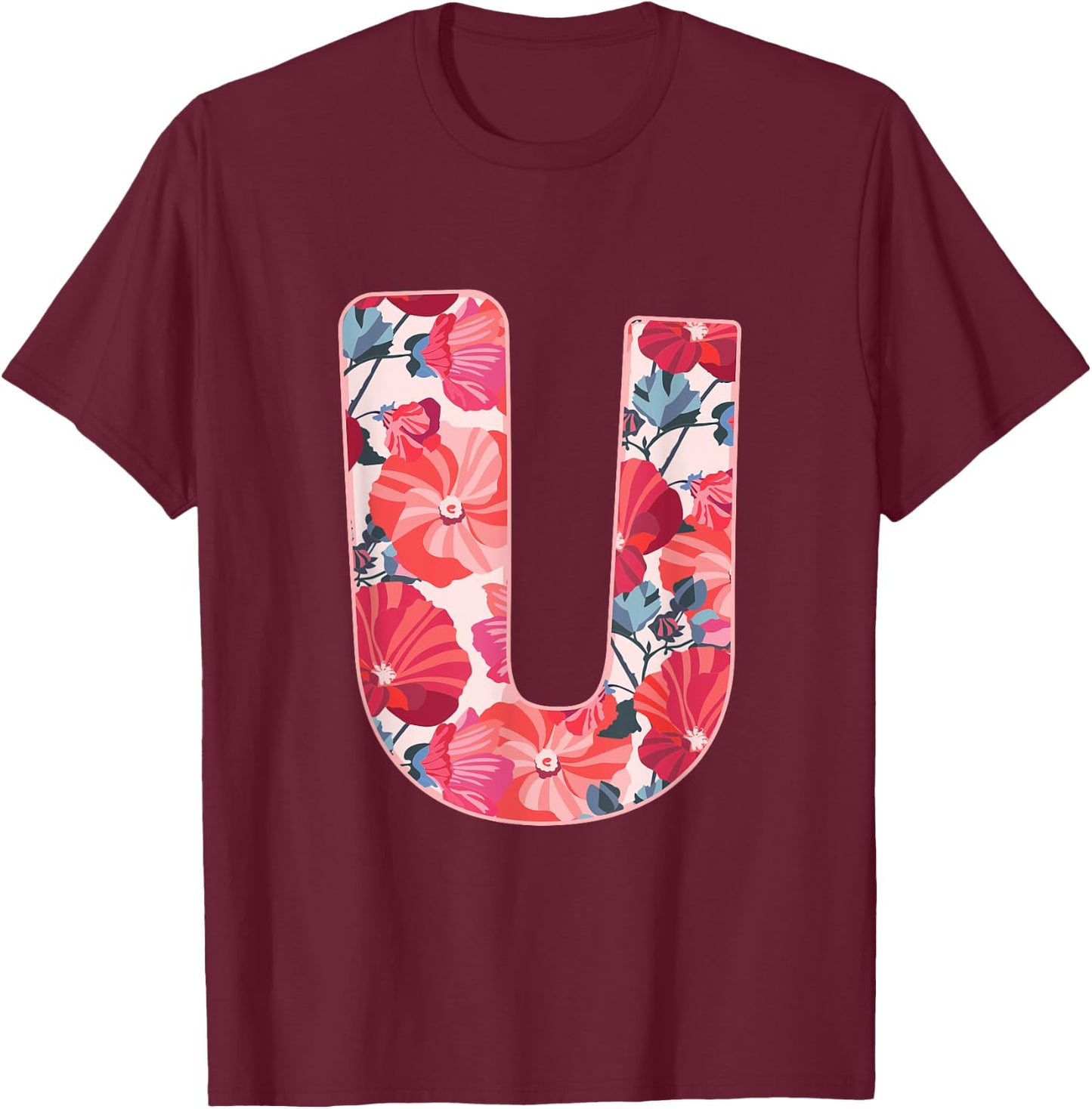 Letter U Sign Alphabet Last Name Vowels Flower Nature Gift T-Shirt - T-Shirt | Maroon