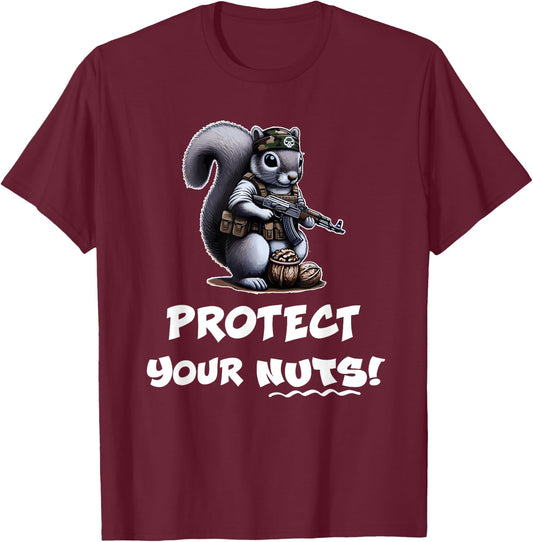 Nate's SOF- 's Funny Protect Your Nuts Tactical Squirrel , Small, Black T-Shirt - T-Shirt | Maroon