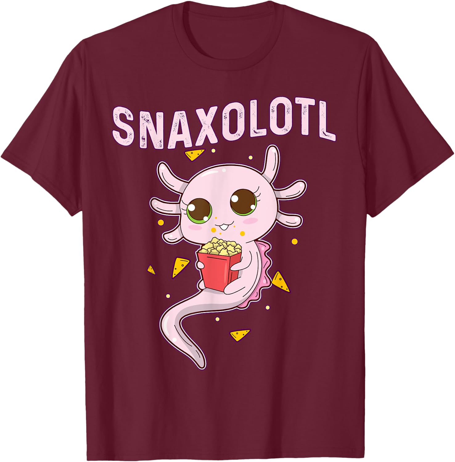 Cute Snaxolotl - Kawaii Axolotl Eating Chips Snacks Kids T-Shirt - T-Shirt | Maroon