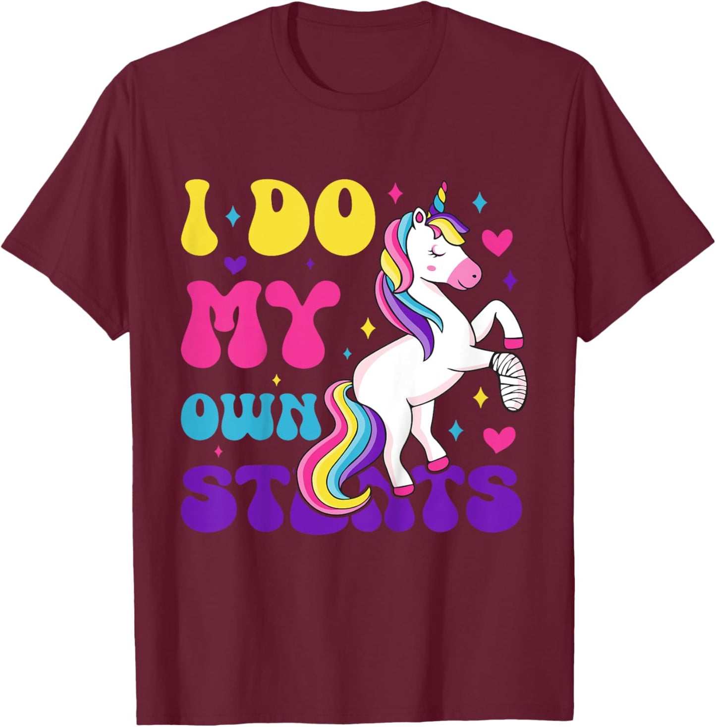 Kids I Do My Own Stunts Broken Arm Injury Bandage Magical Unicorn T-Shirt - T-Shirt | Maroon