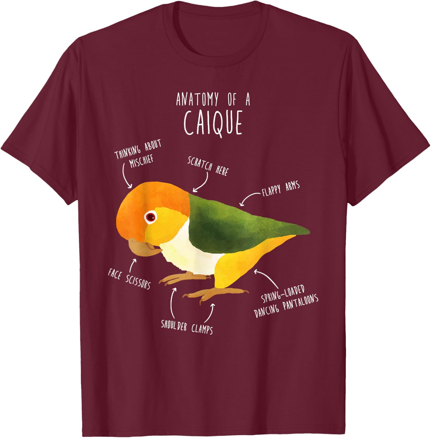 Cool Bird Gifts Anatomy of a White-Bellied Caique, Cute Funny Bird Parrot T-Shirt - T-Shirt | Maroon