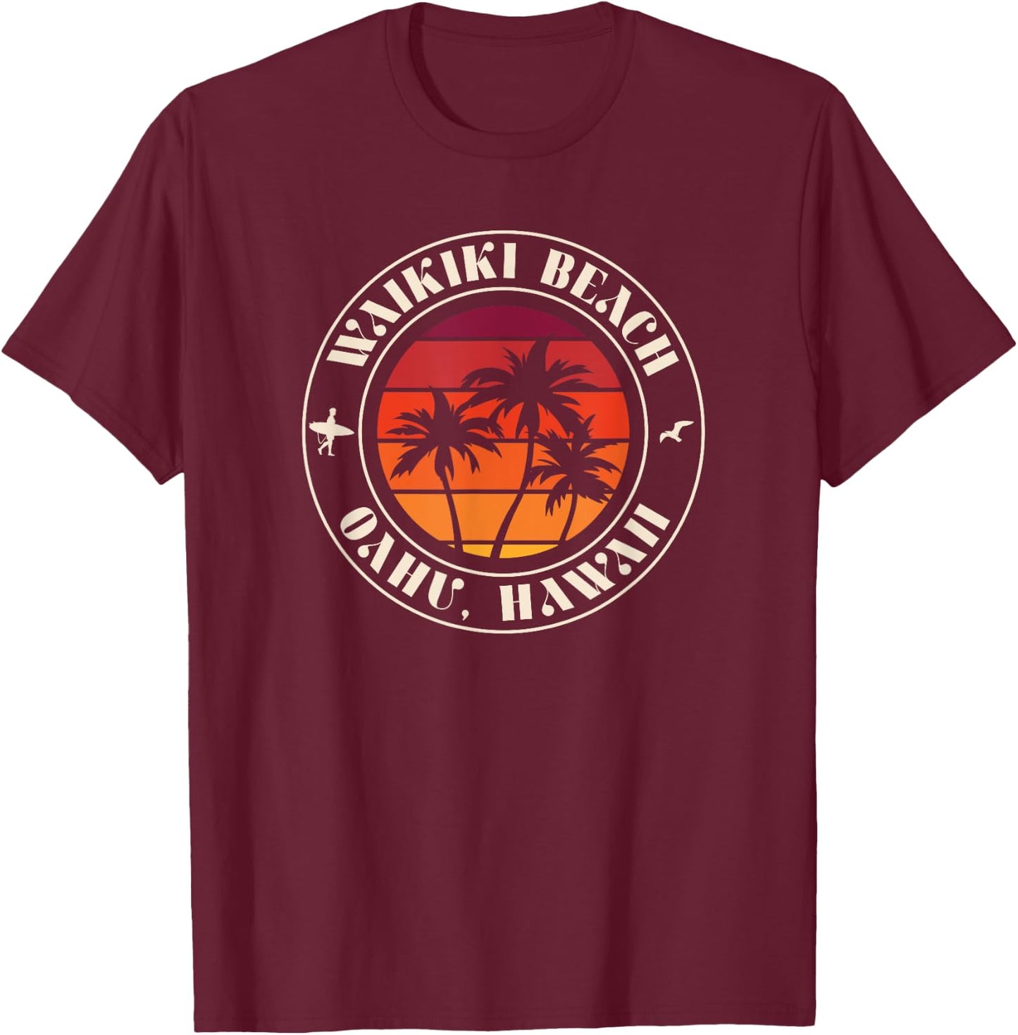 Hawaii Oahu Sunset Surfer and Seagull Waikiki Beach Women Kids T-Shirt - T-Shirt | Maroon