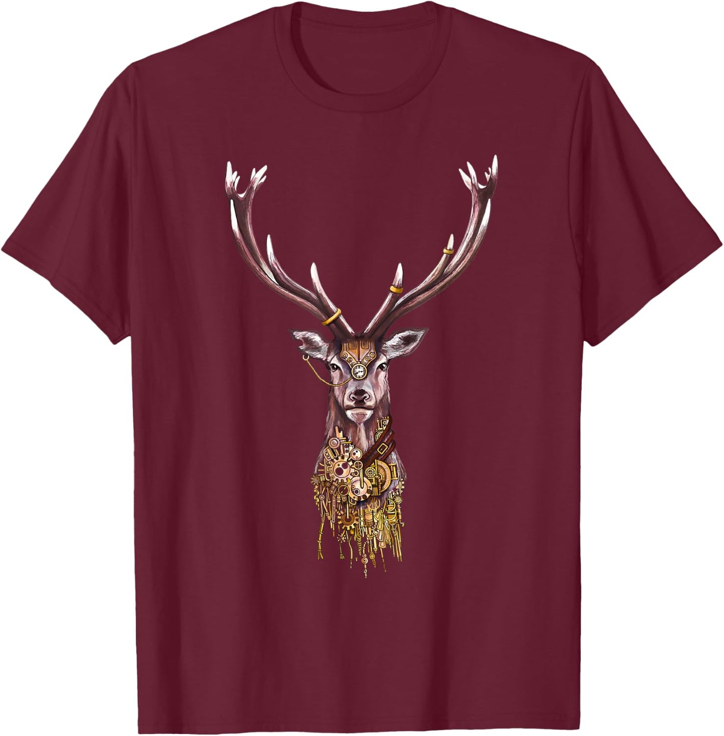 Steampunk Stag Head T-Shirt - T-Shirt | Maroon