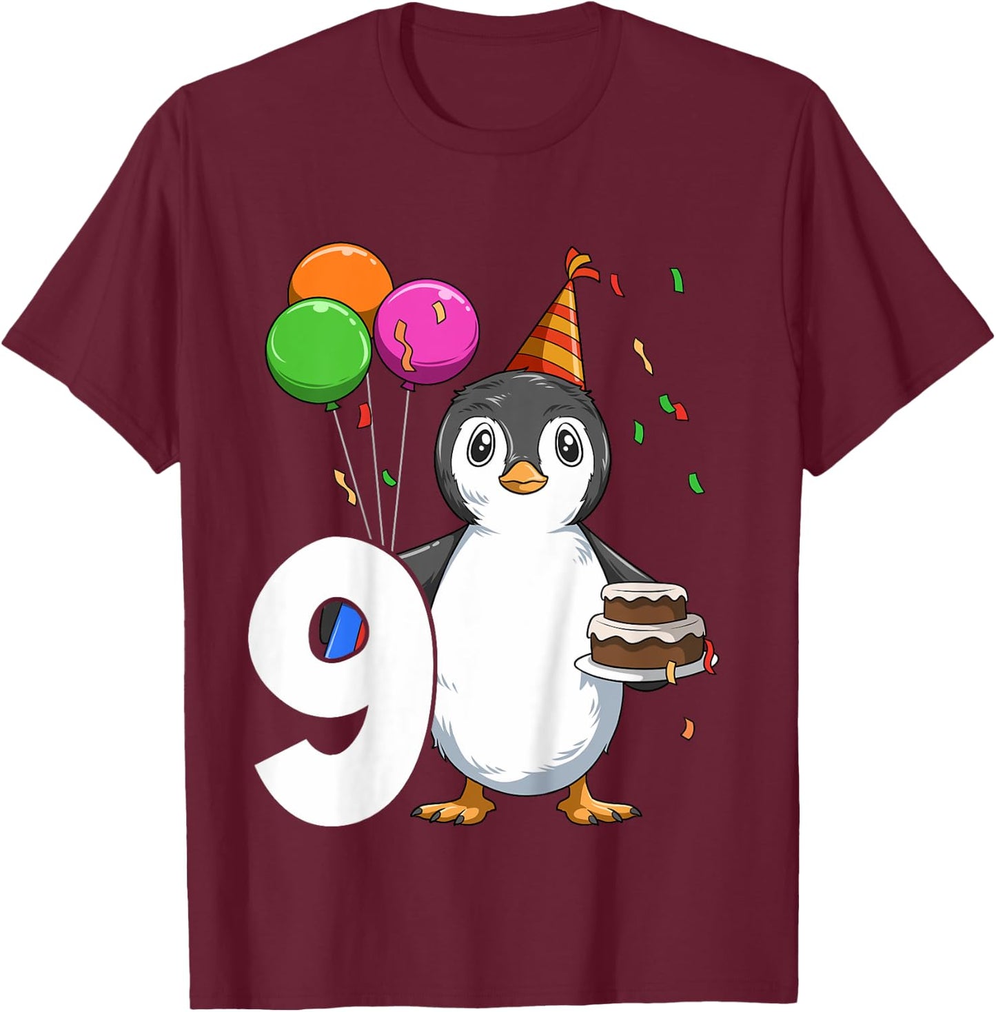 Penguin Birthday 9 Penguin 9th Birthday Outfit Penguin Party T-Shirt - T-Shirt | Maroon