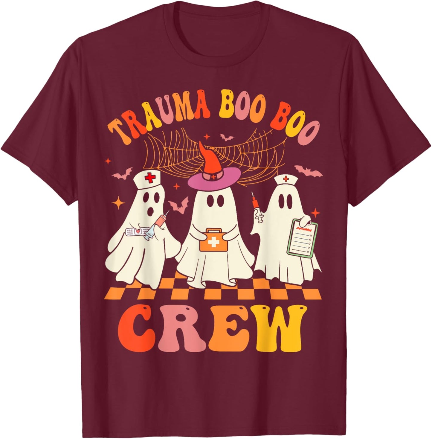 Groovy Trauma Boo Crew Funny Halloween Nurse T-Shirt - T-Shirt | Maroon