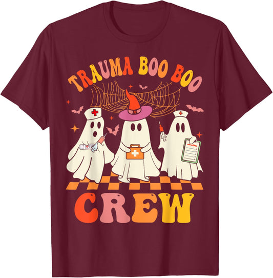 Groovy Trauma Boo Crew Funny Halloween Nurse T-Shirt - T-Shirt | Maroon