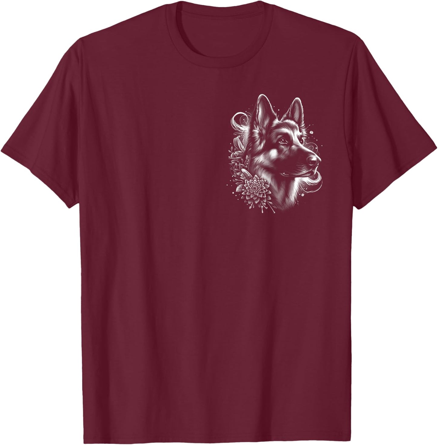 Cool German Shepherd - Artistic Portrait on Chest T-Shirt - T-Shirt | Maroon