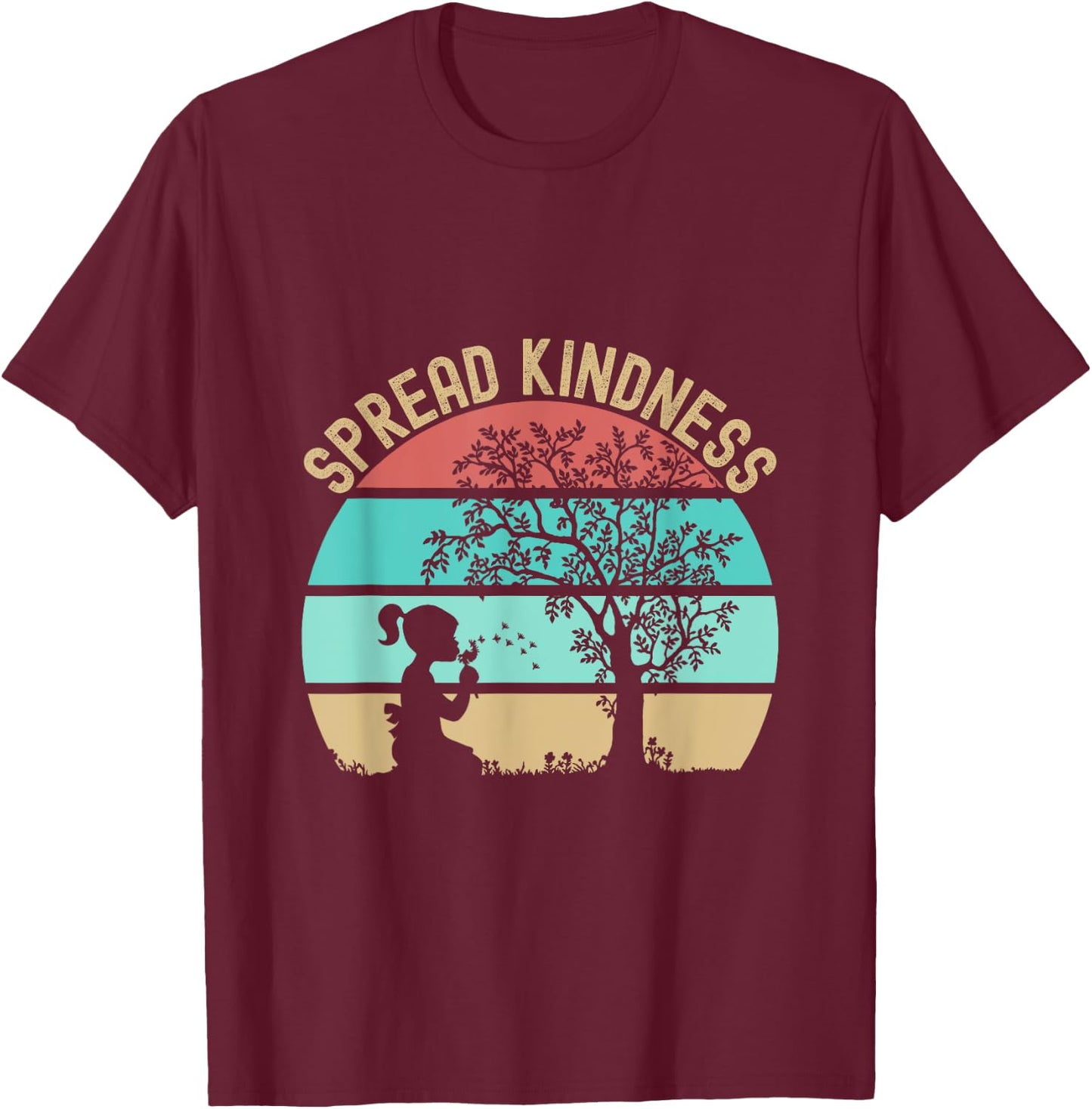 Spread Kindness Dandelions Girl Tree Retro Sunset T-Shirt - T-Shirt | Maroon