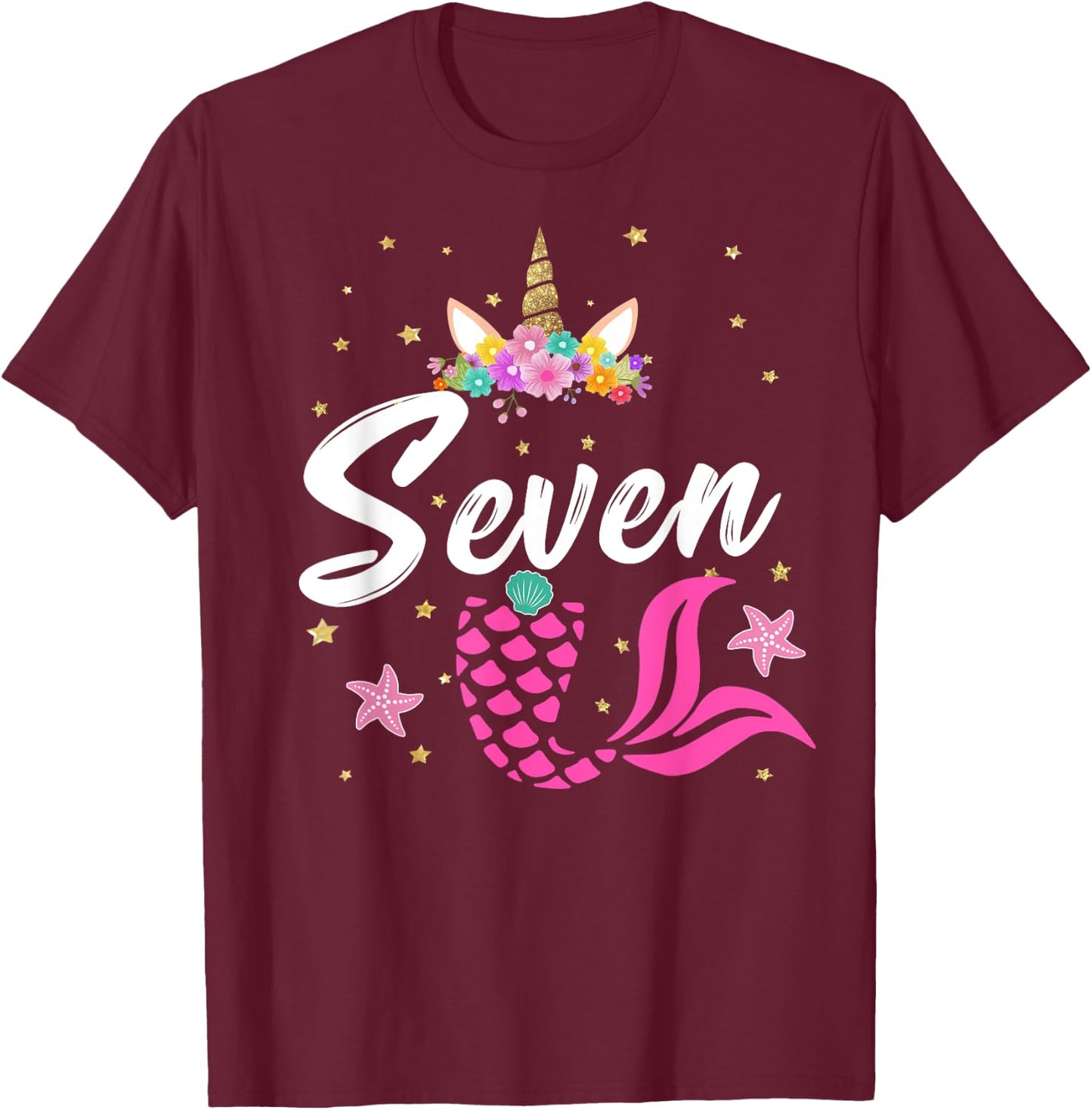 7th Birthday Girl Unicorn Shirt Mermaid Tail 7 Years Old T-Shirt - T-Shirt | Maroon