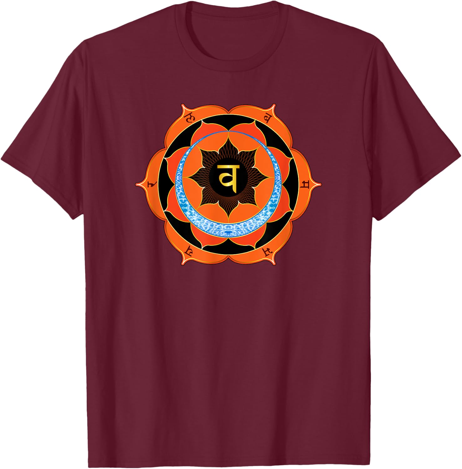 Orange Sacral Chakra with Yoga Symbols and Mantras T-Shirt - T-Shirt | Maroon