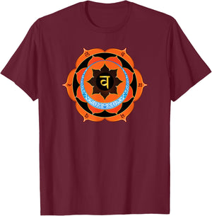 Orange Sacral Chakra with Yoga Symbols and Mantras T-Shirt - T-Shirt | Maroon