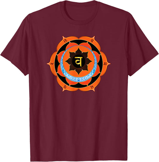 Orange Sacral Chakra with Yoga Symbols and Mantras T-Shirt - T-Shirt | Maroon
