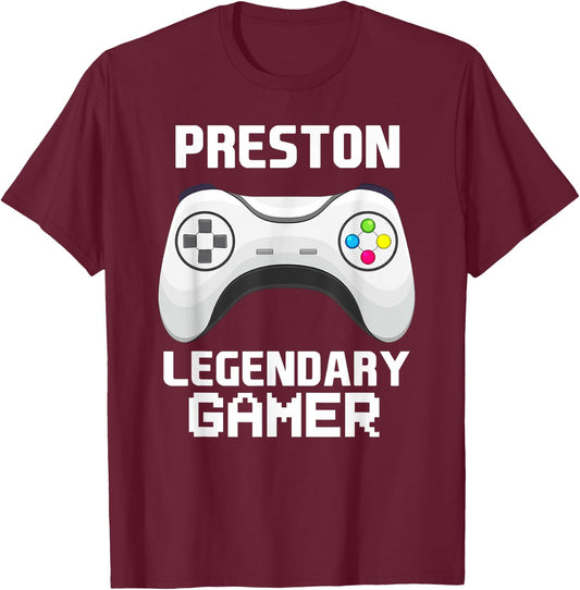 Preston Legendary Gamer Personalized Video Gaming Name T-Shirt - T-Shirt | Maroon