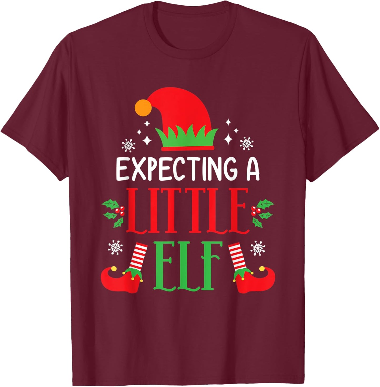 Expecting A Little Elf Cute Christmas Pregnancy Announcement T-Shirt - T-Shirt | Maroon