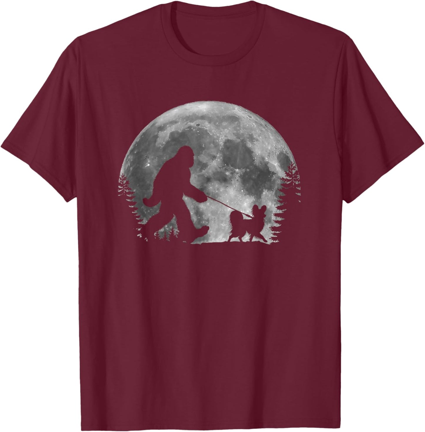 Bigfoot Walking a Dog Funny Papillon Lovers Moon Halloween T-Shirt - T-Shirt | Maroon
