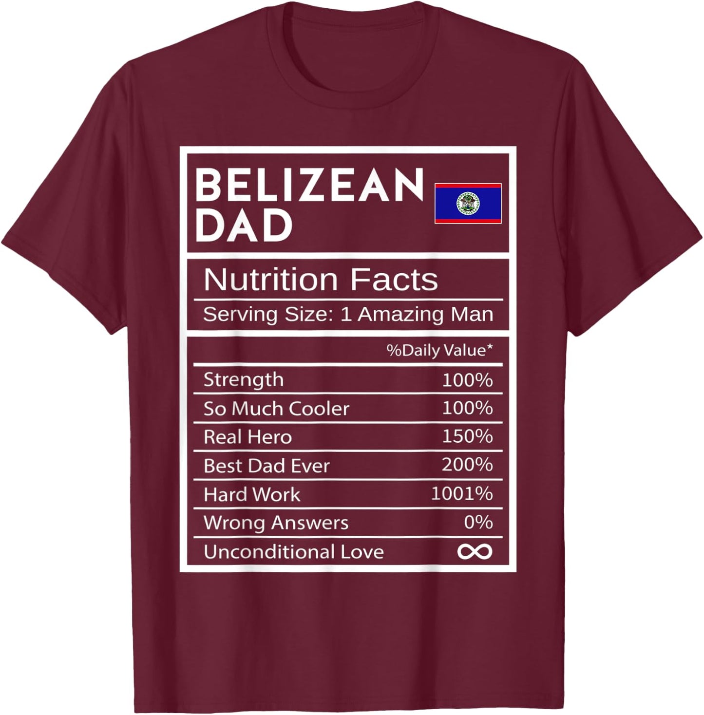 Belizean Dad Nutrition Facts National Pride Father's Day T-Shirt - T-Shirt | Maroon