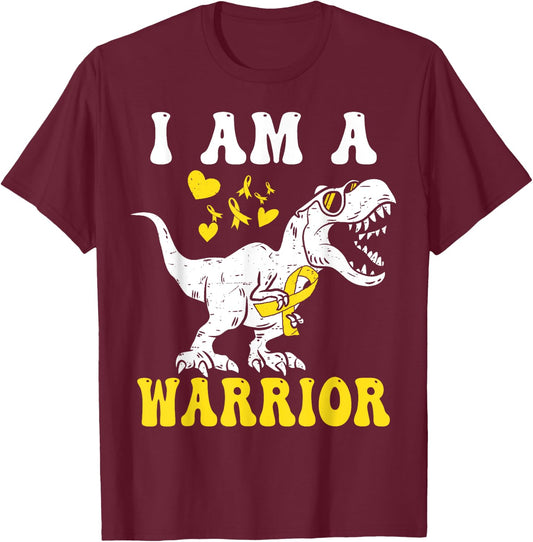 I Am A Warrior Childhood Cancer Awareness Gold Ribbon T-Shirt - T-Shirt | Maroon