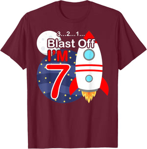 Funny 7th Birthday Gift Boys 7 Years Old Outer Space Rocket T-Shirt - T-Shirt | Maroon