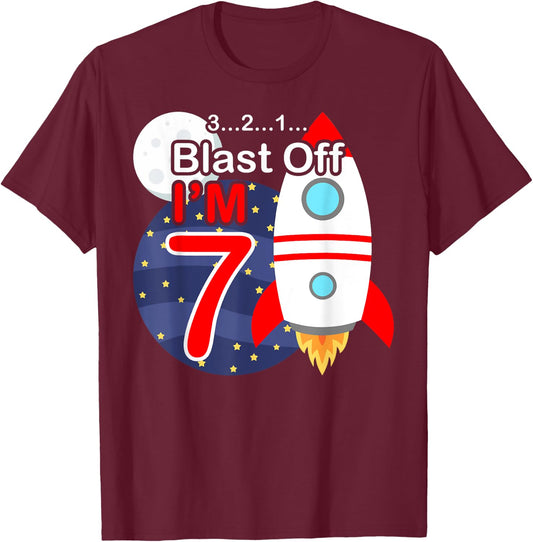 Funny 7th Birthday Gift Boys 7 Years Old Outer Space Rocket T-Shirt - T-Shirt | Maroon