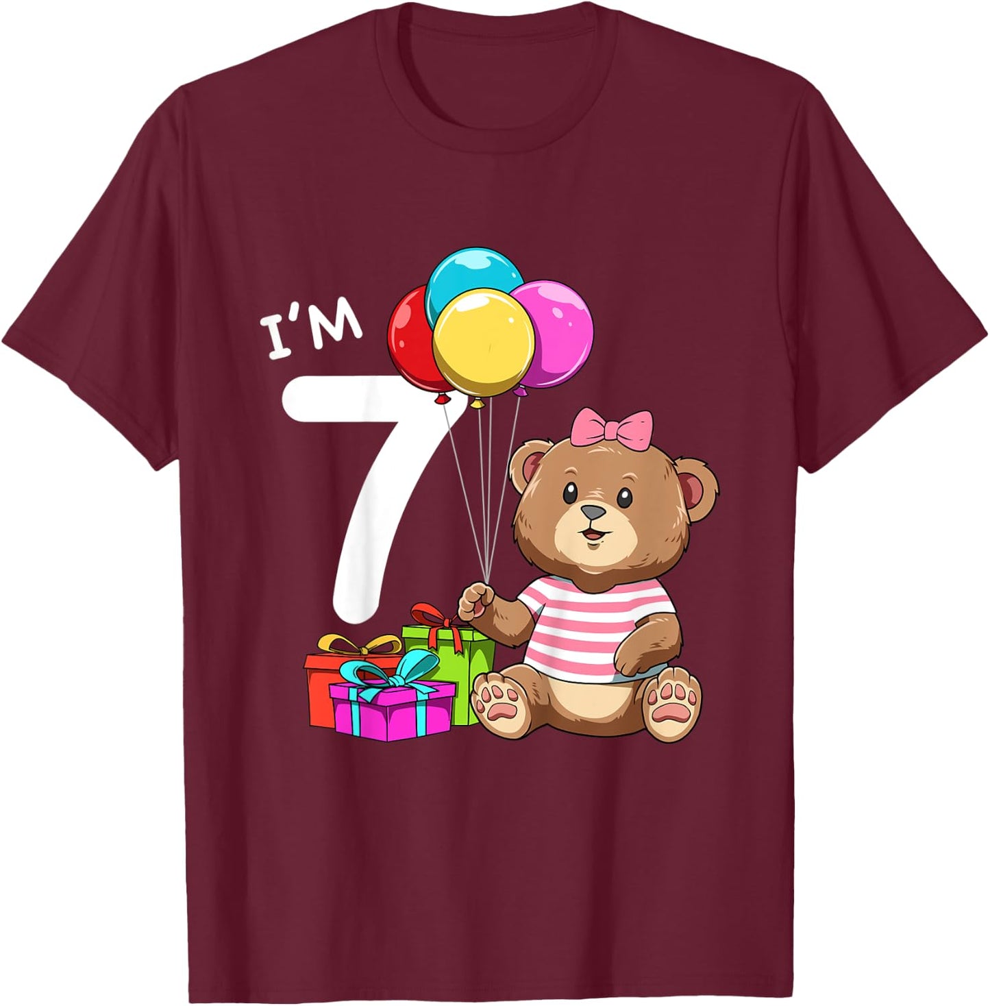 Kids Seventh Birthday Teddy Bear - 7 Year Old Girl T-Shirt - T-Shirt | Maroon