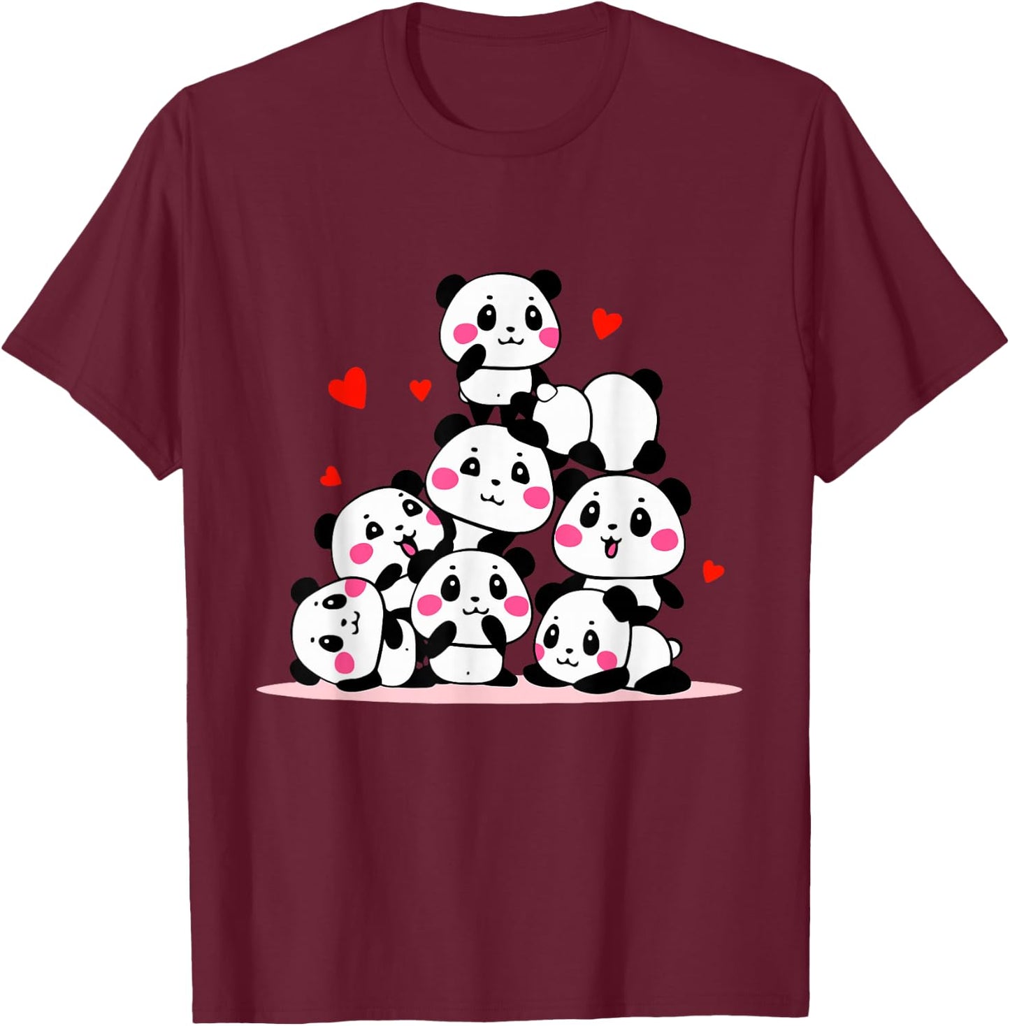 Kawaii Cute Baby Pandas with Red Hearts - Valentine's Day T-Shirt - T-Shirt | Maroon