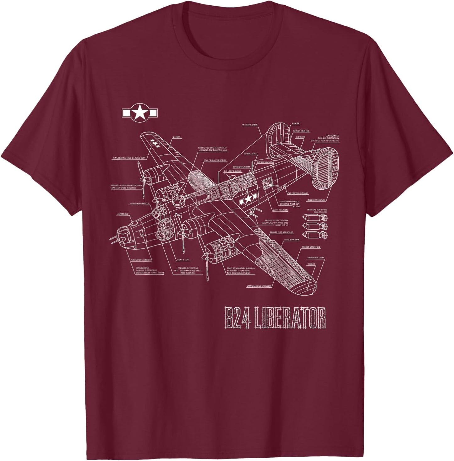 World War 2 Aircraft Blueprint WWII B24 Liberator Bomber T-Shirt - T-Shirt | Maroon