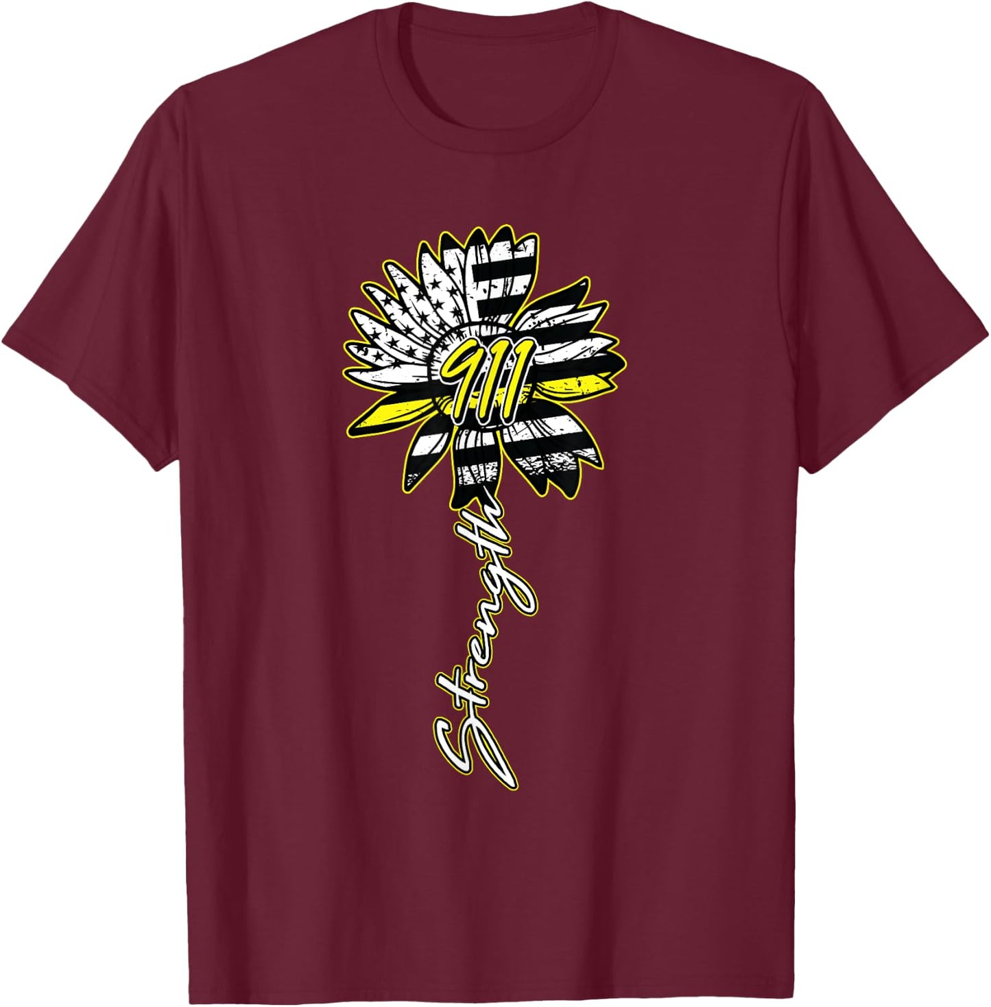 911 Dispatcher American Flag Sunflower Dispatch Operator T-Shirt - T-Shirt | Maroon