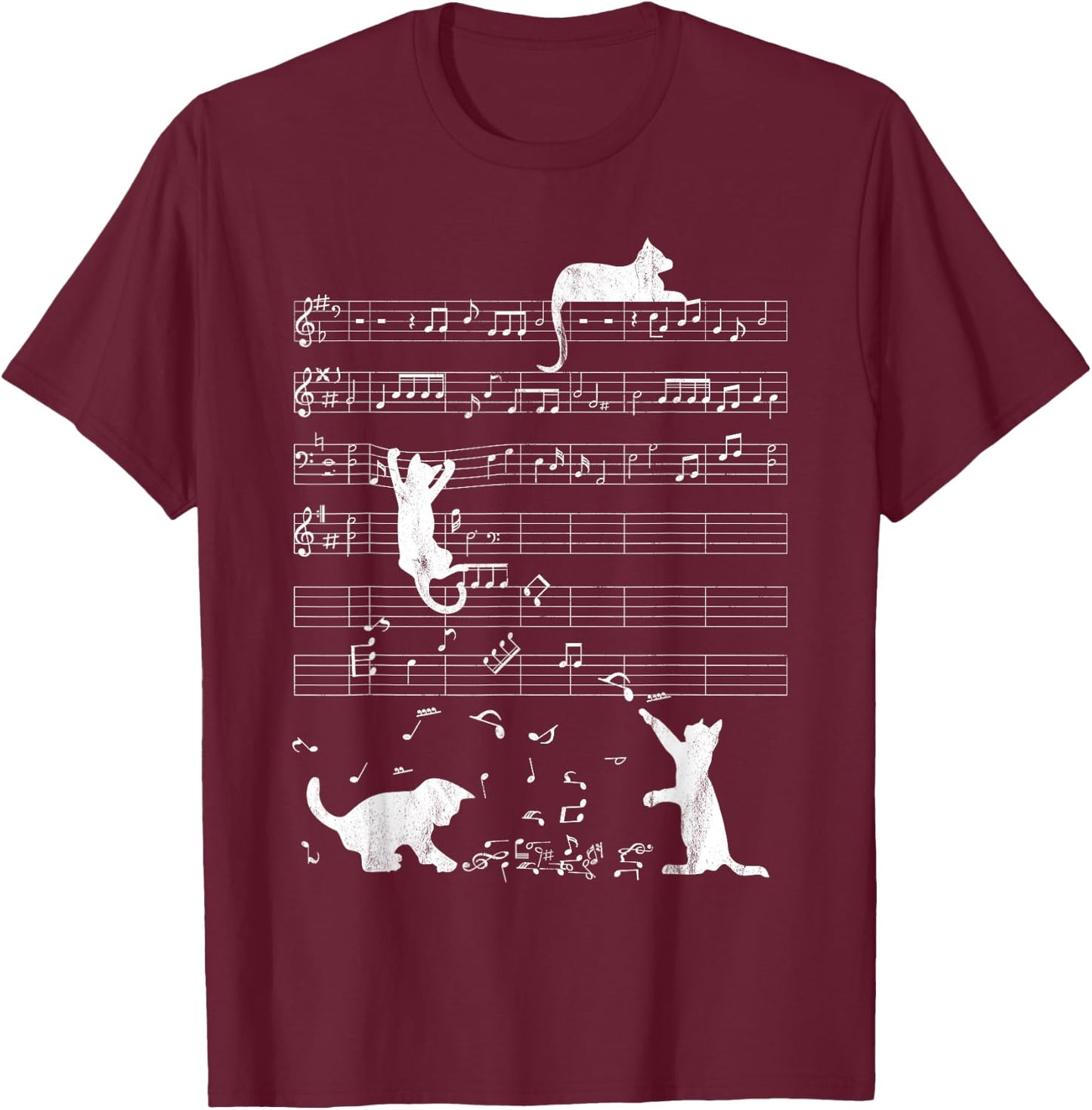 Cute Cat Distressed Music Notes Kitty Piano Musician Women Kids T-Shirt - T-Shirt | Maroon