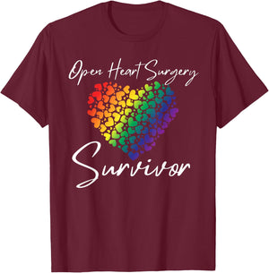 Women's Open Heart Surgery Survivor, Rainbow Hearts T-Shirt - T-Shirt | Maroon