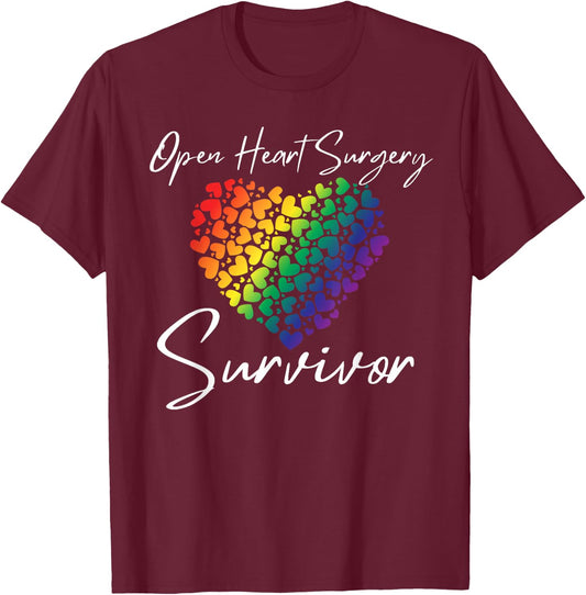 Women's Open Heart Surgery Survivor, Rainbow Hearts T-Shirt - T-Shirt | Maroon