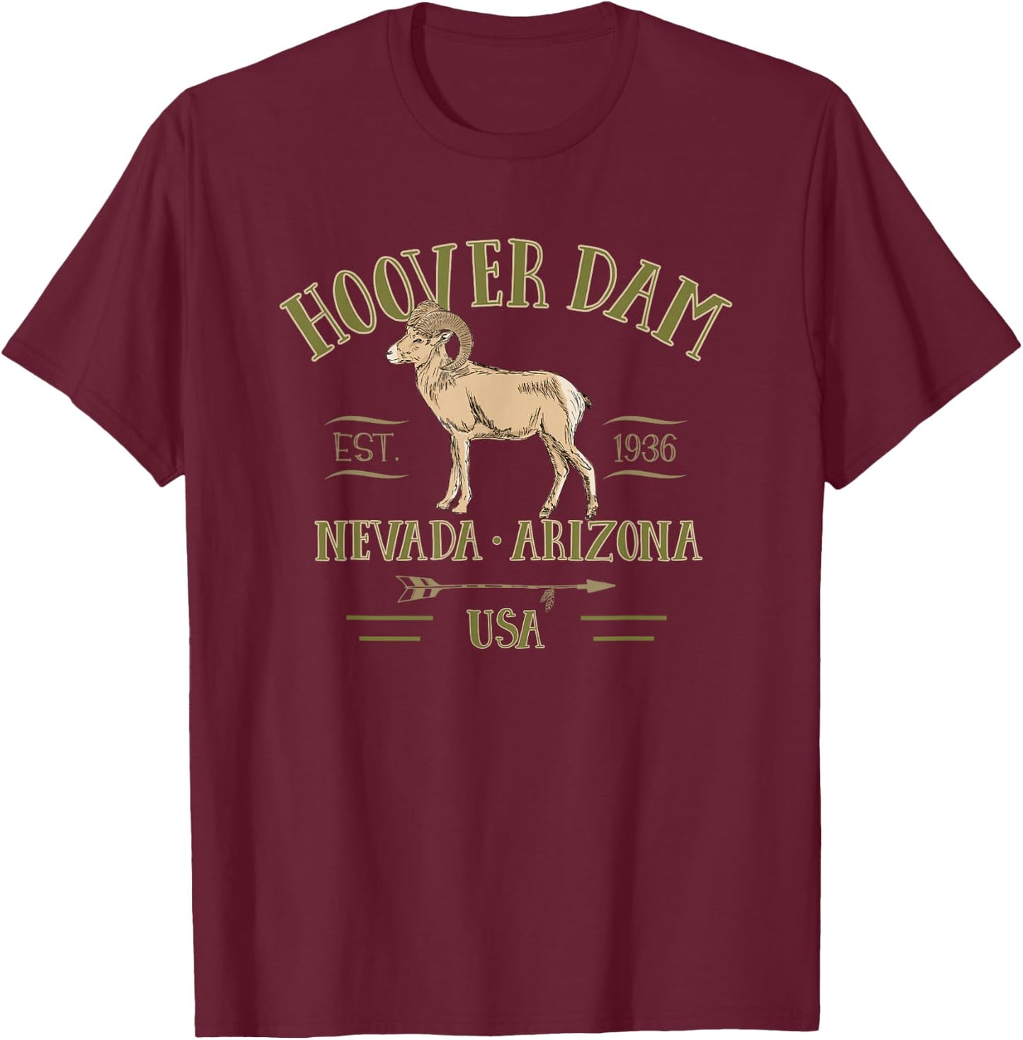 Hoover Dam Bigorn Sheep Nevada Arizona Souvenir T-Shirt - T-Shirt | Maroon