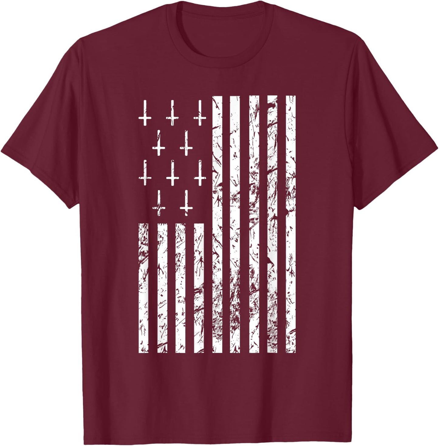 Upside Down Cross Occult Symbol Satanic American Flag T-Shirt - T-Shirt | Maroon