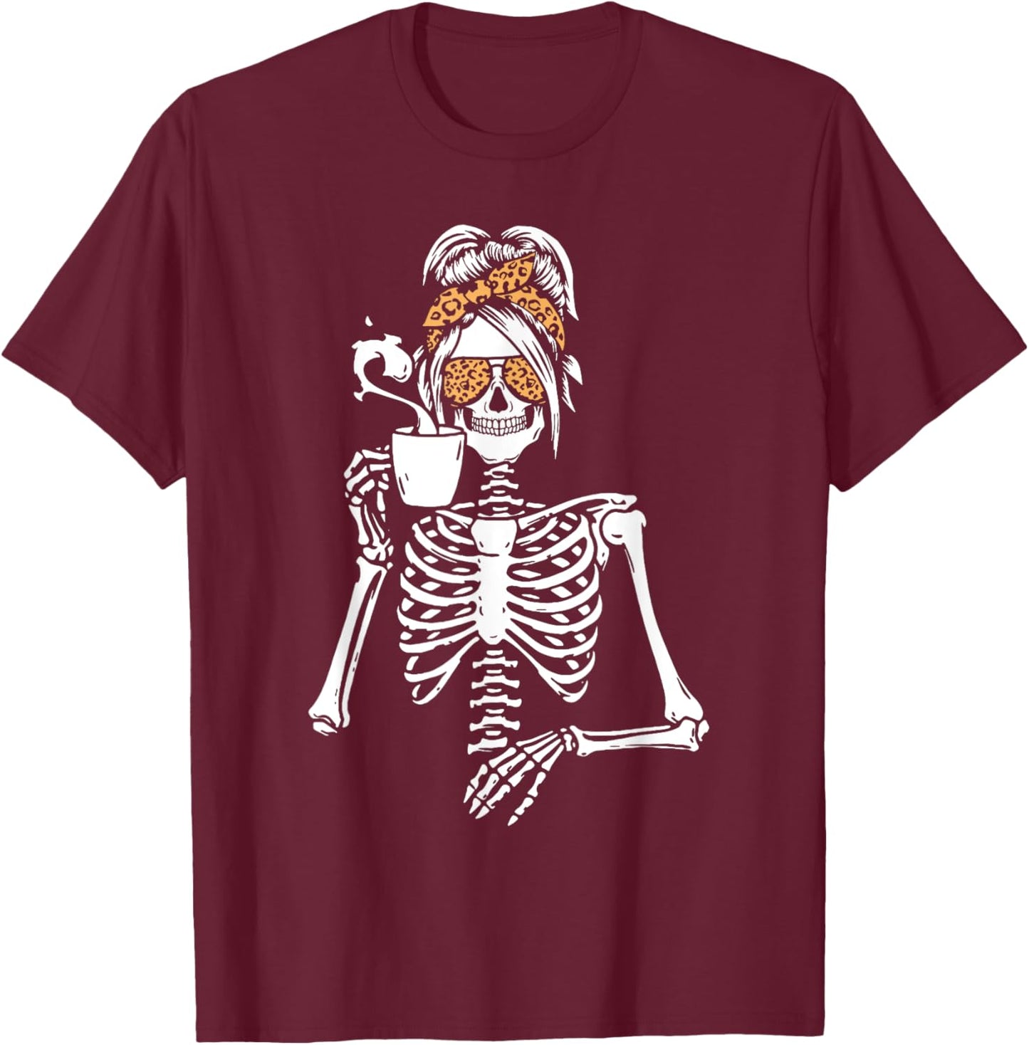 Skeleton Messy Bun Coffee Drinking Halloween Costume Women T-Shirt - T-Shirt | Maroon