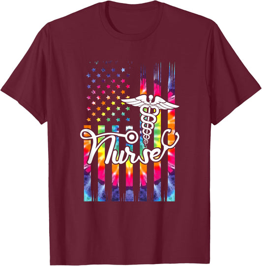 Nurse American Flag US Patriotic Hippie Nursing T-Shirt - T-Shirt | Maroon