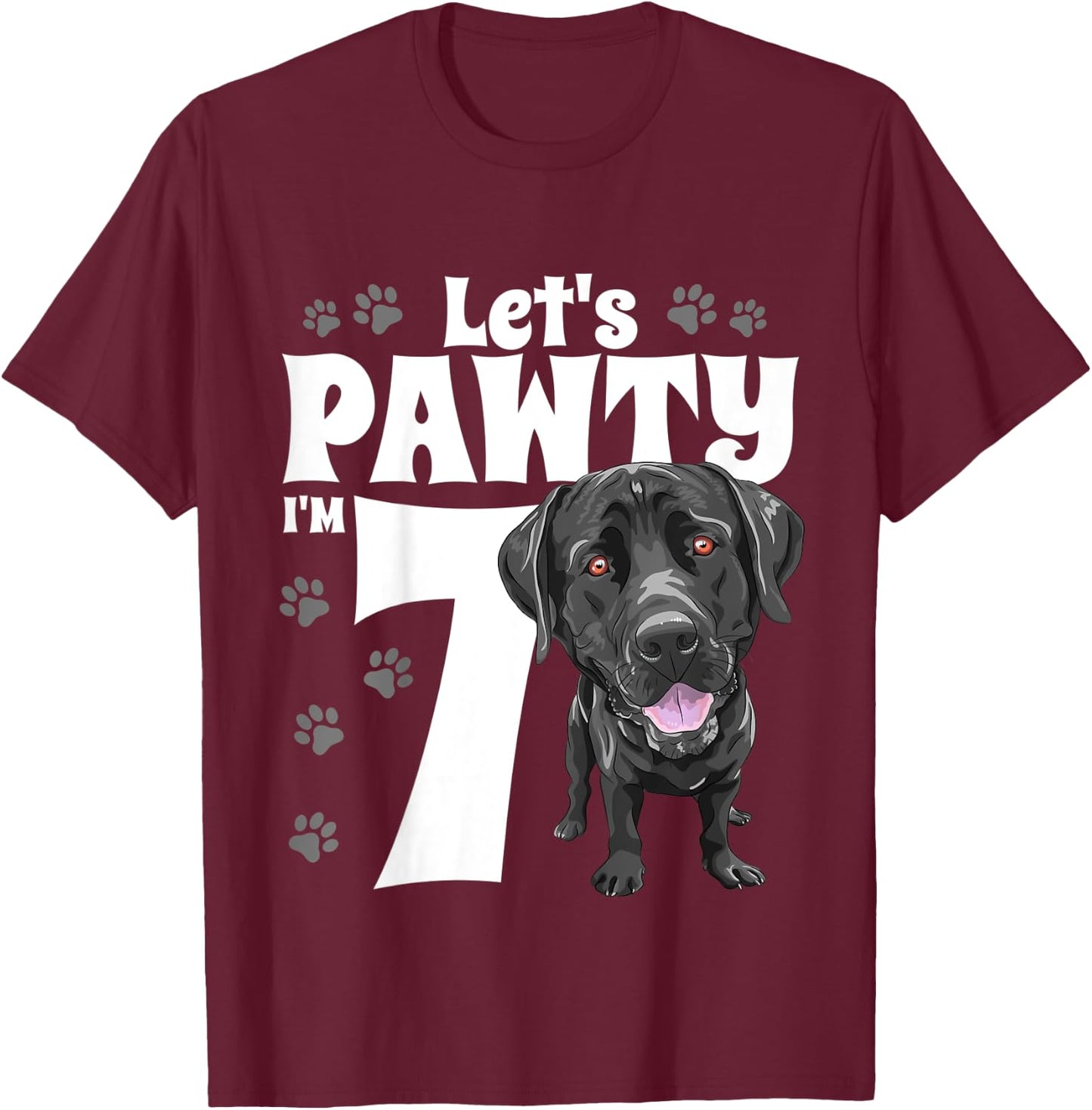 7 Year Old Black Lab Dog Birthday Pawty Labrador 7th Gift Kids T-Shirt - T-Shirt | Maroon