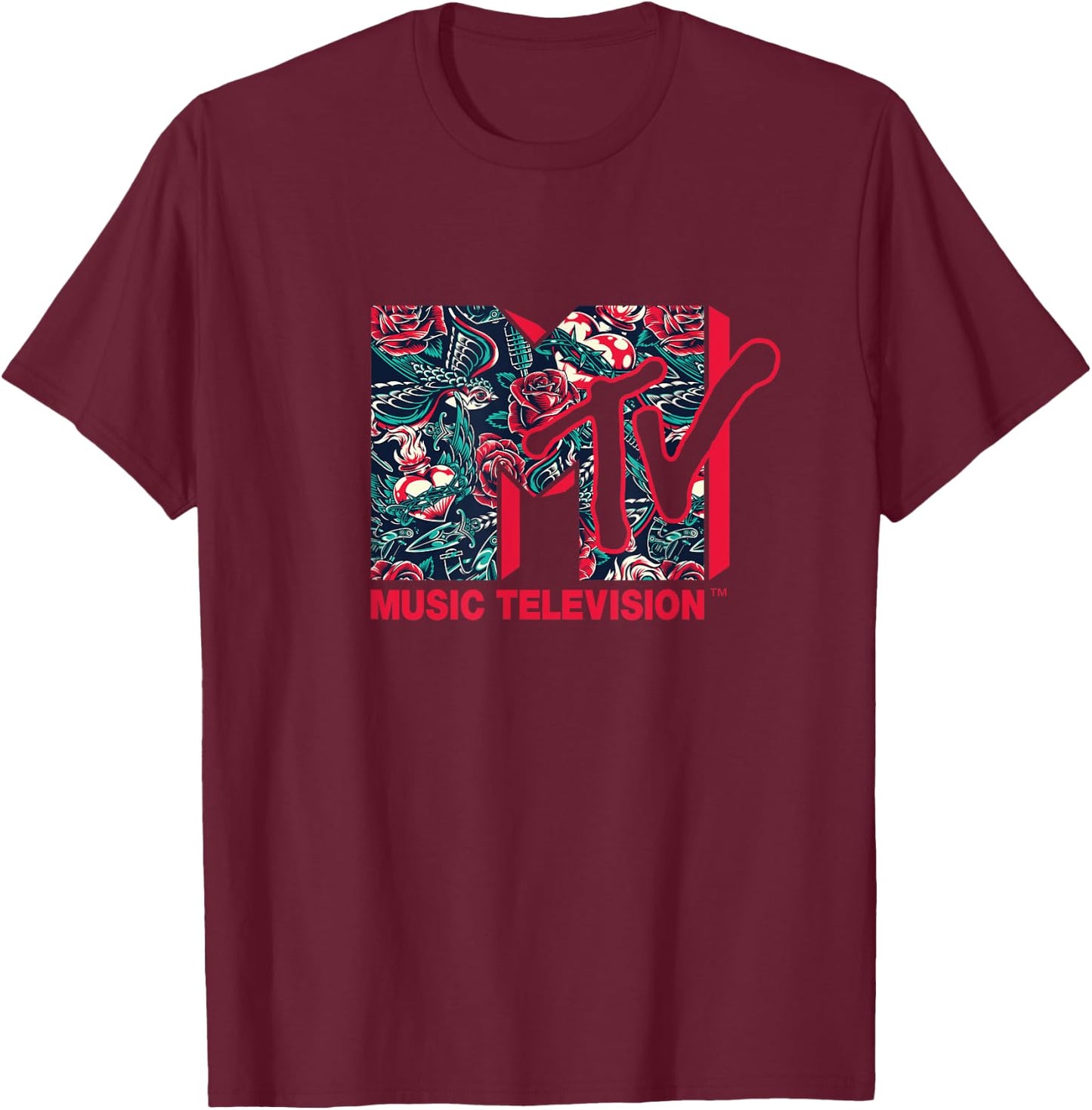 Mademark x MTV - The official MTV Logo - Roses and Tattoo Style T-Shirt - T-Shirt | Maroon