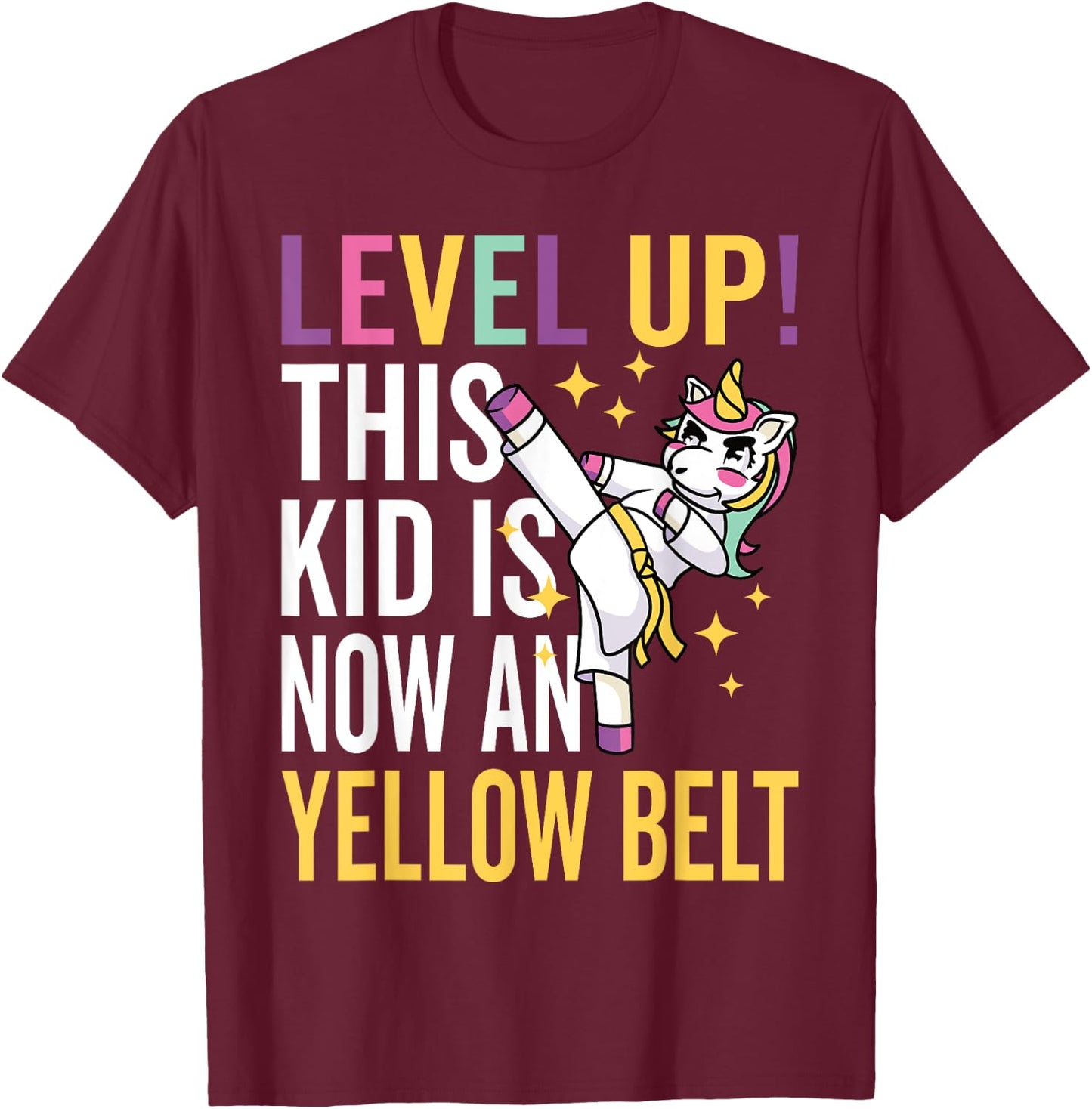 Karate Uniform Unicorn Level Up Yellow Belt Award Ceremony T-Shirt - T-Shirt | Maroon