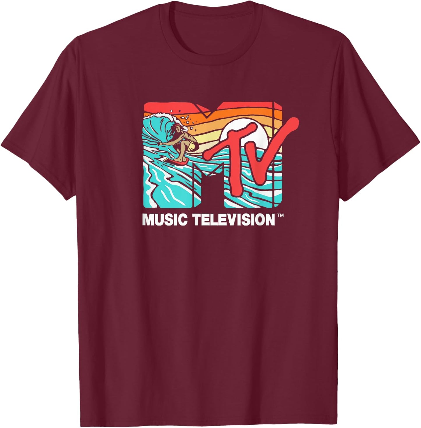 Mademark x MTV - MTV Catch a Wave MTV Surfer Logo Retro Graphic T-Shirt - T-Shirt | Maroon